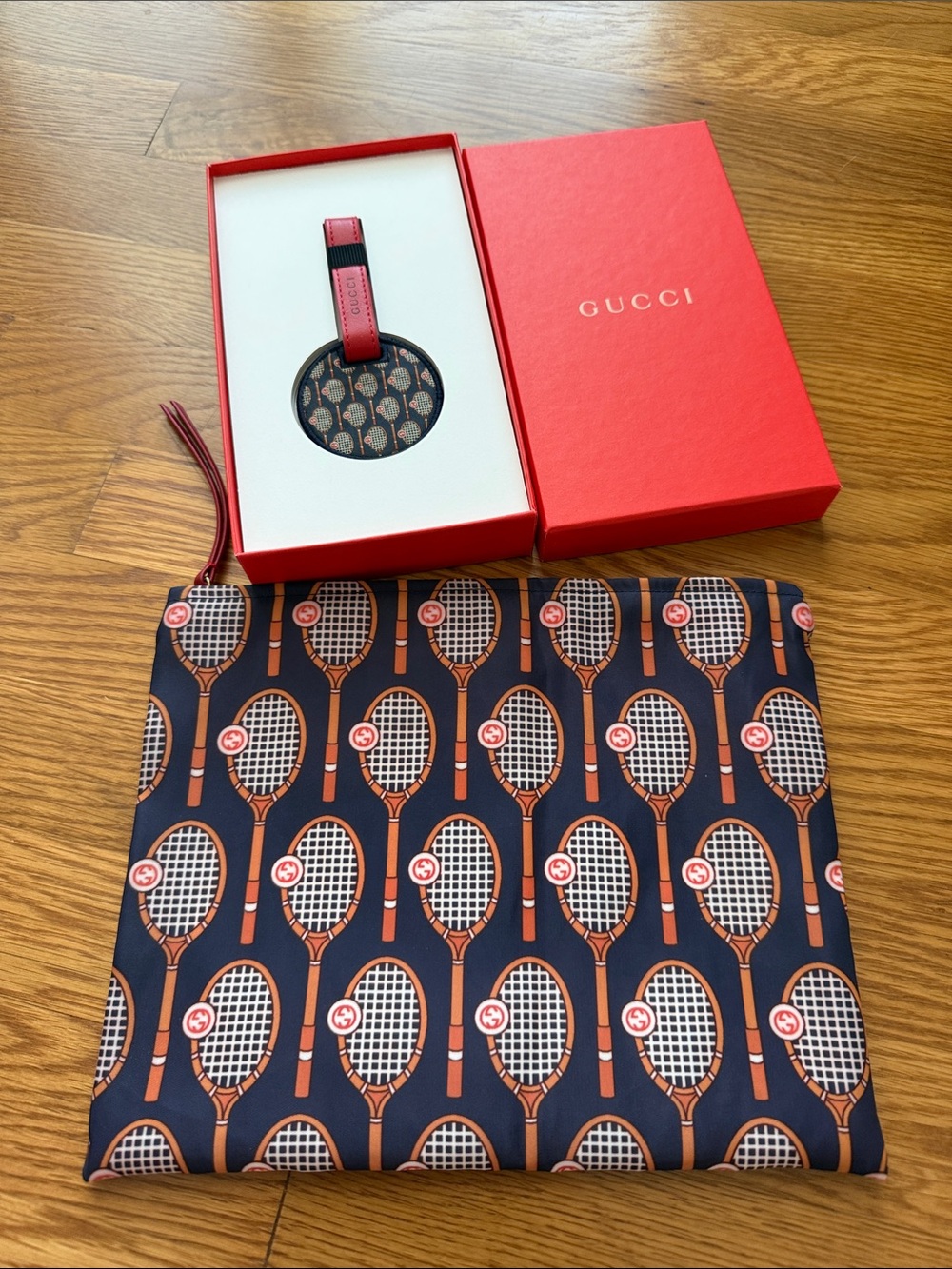 Gucci Boutique Navy & Red Tennis Racket Print Pouch and Luggage Tag Set
